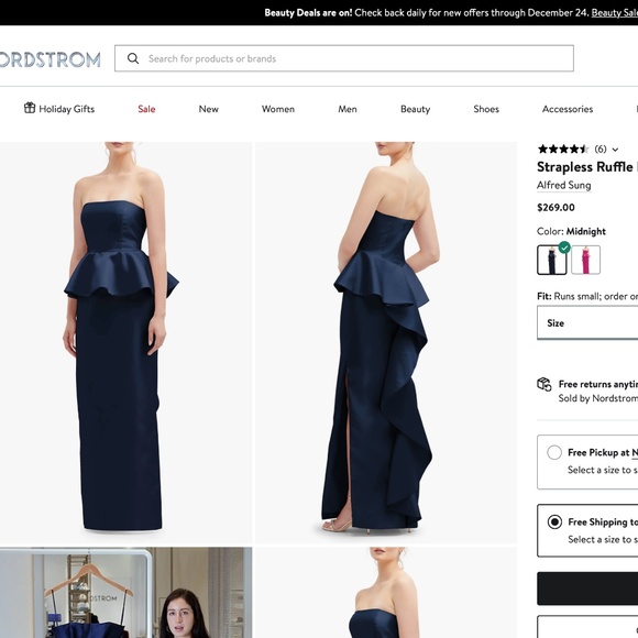 NEW ALFRED SUNG Midnight BLUE Strapless RUFFLE Peplum SATIN Column GOWN 12 - Picture 3 of 16